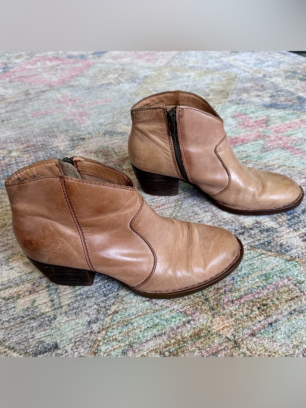 Women's Tan Leather Ankle Booties with Side Zip